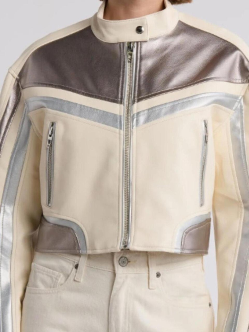 Blank NYC Cream Metallic Trim Cropped Motor Jacket
